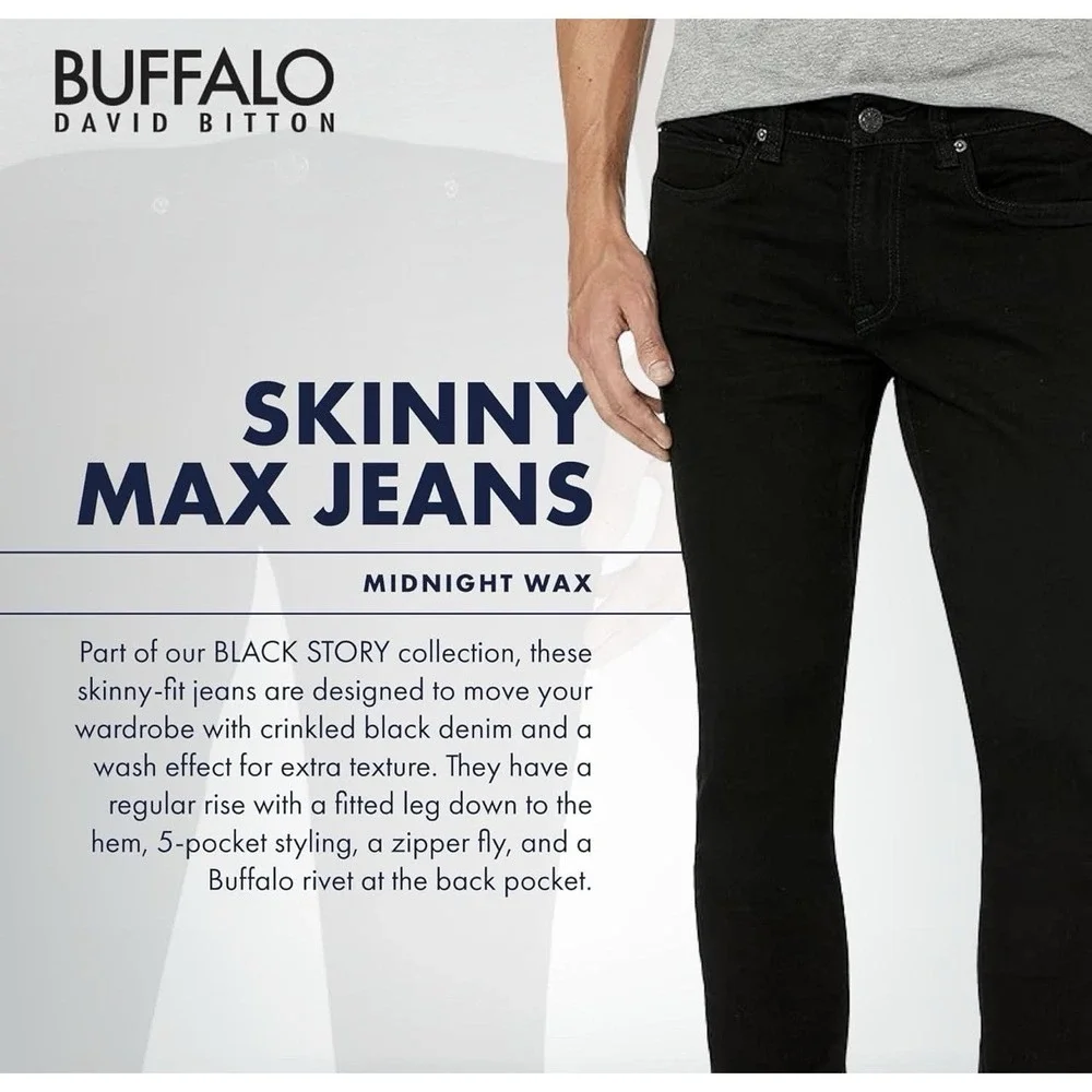Buffalo David Bitton Skinny Max 33X32 Black Midnight Wax Classic Cowboy Jeans